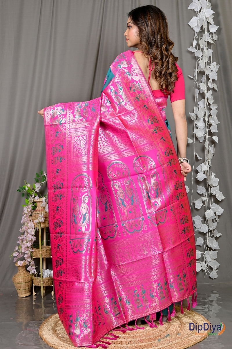Green Pink Cotton Silk Parza Baluchari Saree (583)