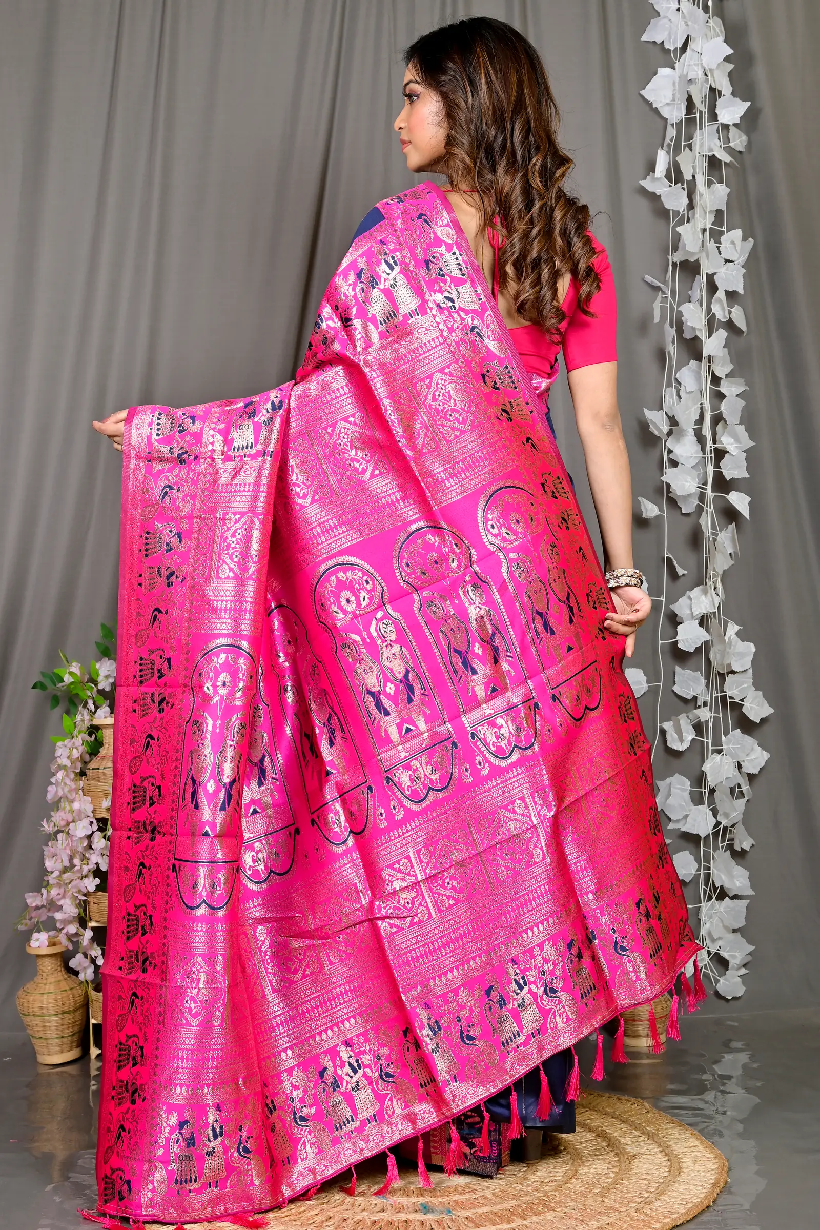 Violet Pink Cotton Silk Parza Baluchari Saree (584)