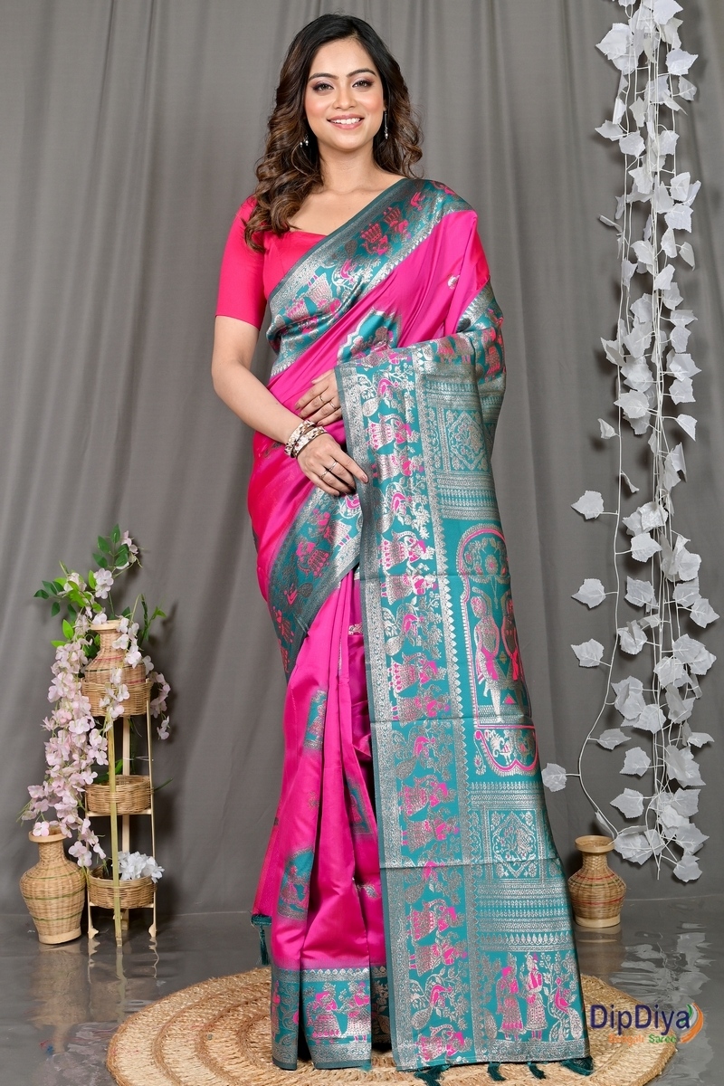 Dark Pink Green Cotton Silk Parza Baluchari Saree (585)