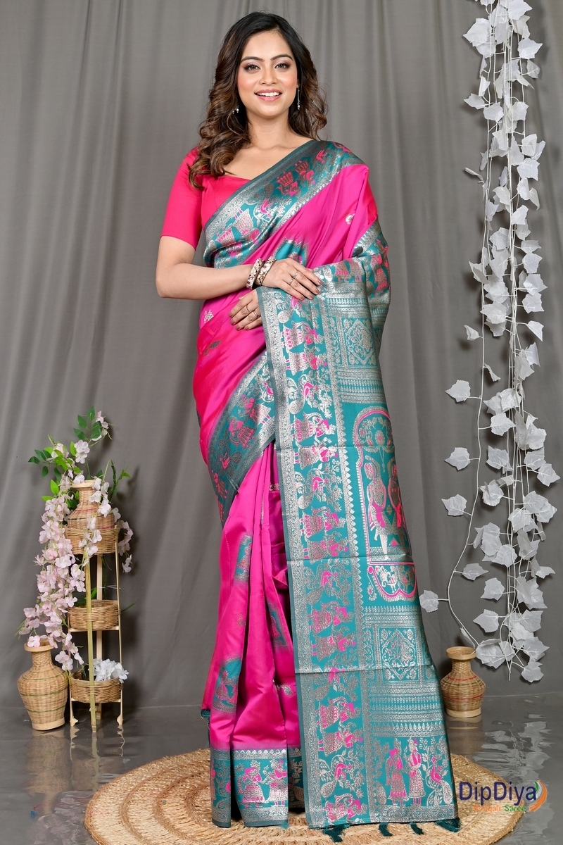 Dark Pink Green Cotton Silk Parza Baluchari Saree (585)