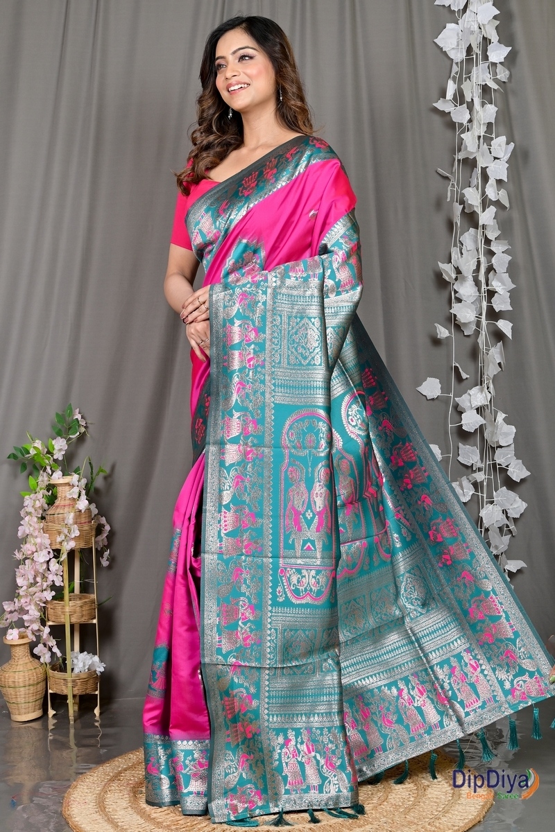 Dark Pink Green Cotton Silk Parza Baluchari Saree (585)