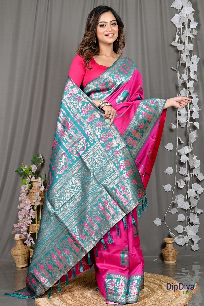 Dark Pink Green Cotton Silk Parza Baluchari Saree (585)