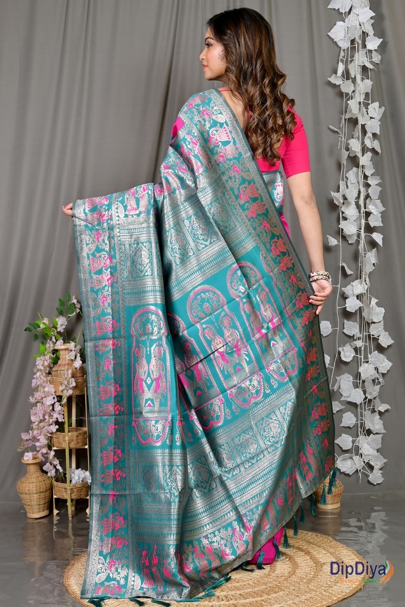 Dark Pink Green Cotton Silk Parza Baluchari Saree (585)