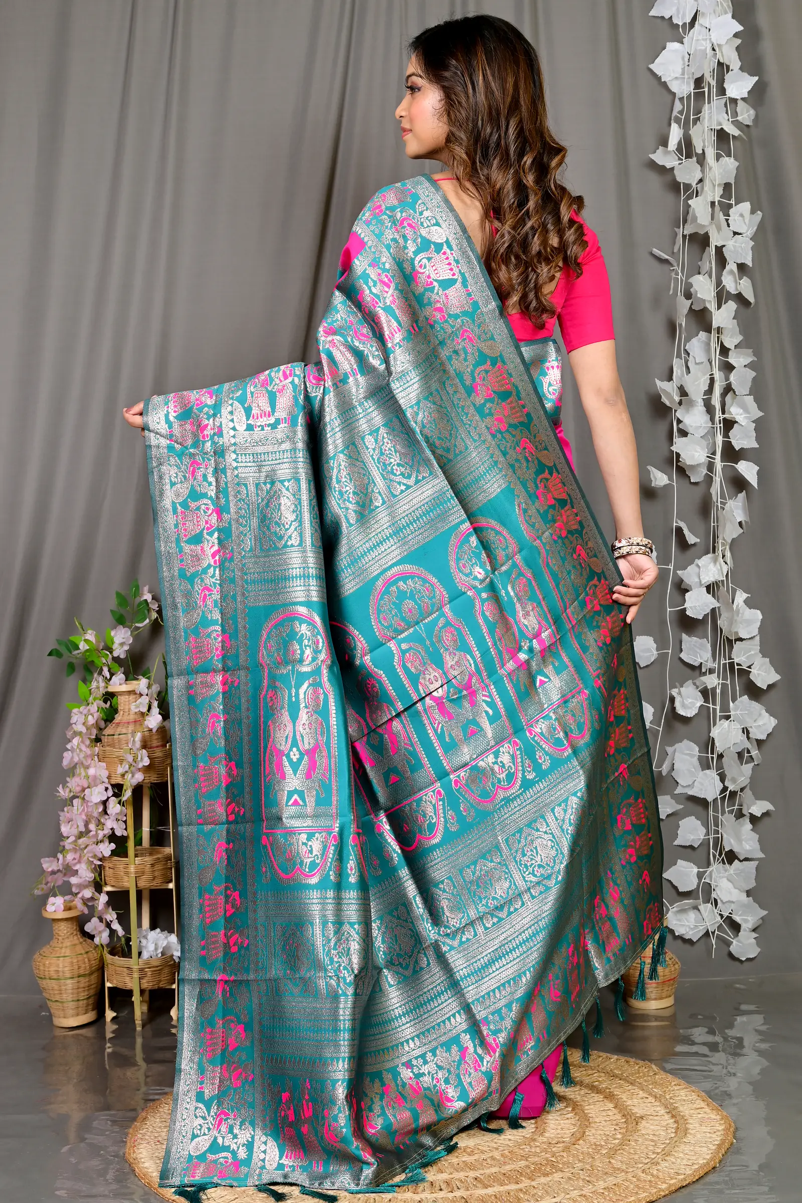 Dark Pink Green Cotton Silk Parza Baluchari Saree (585)