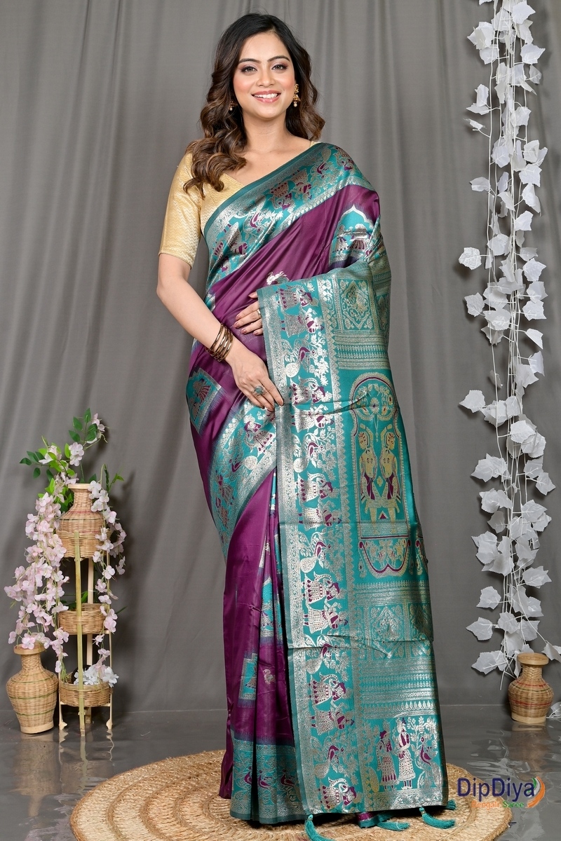 Violet Green Cotton Silk Parza Baluchari Saree (586)