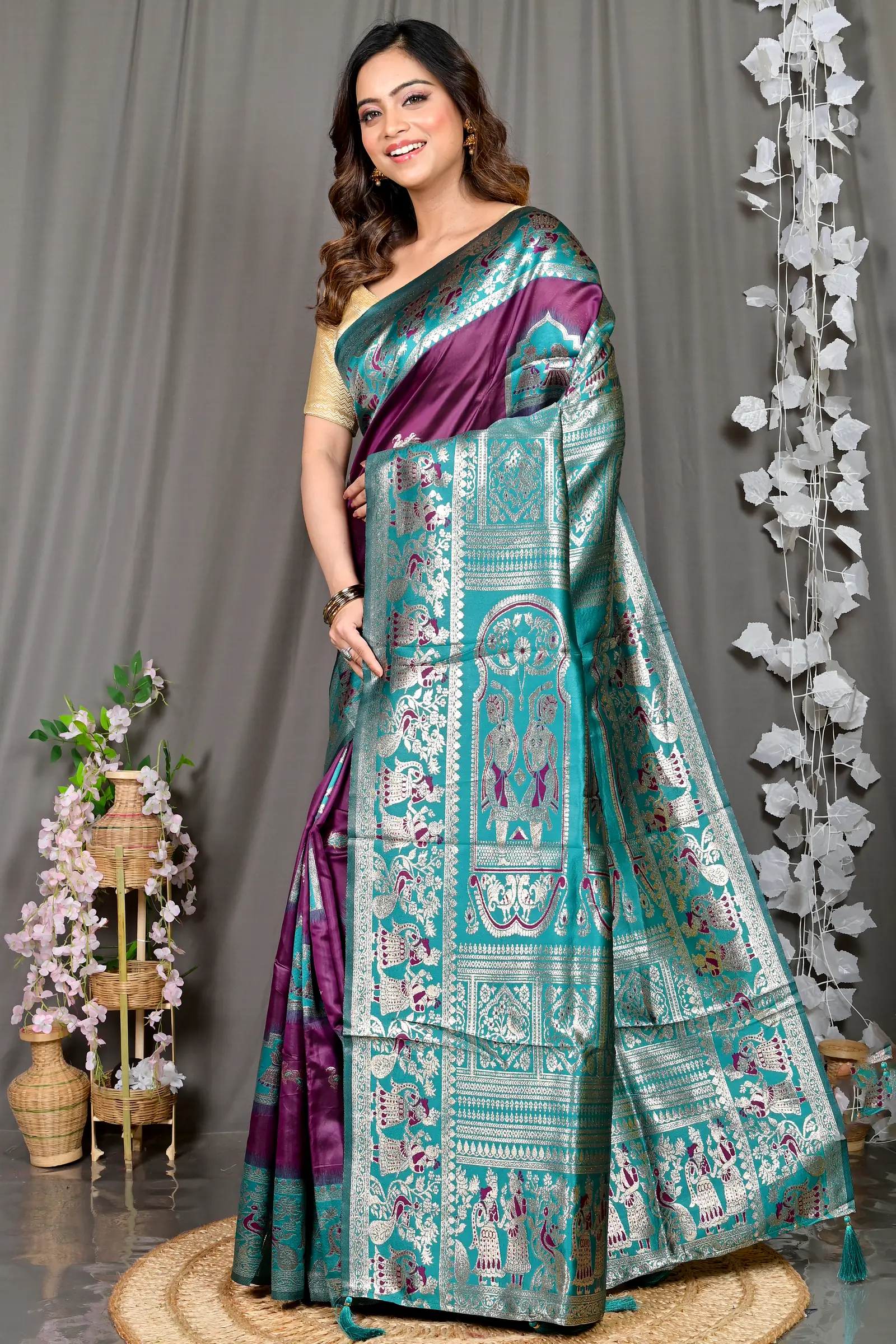 Violet Green Cotton Silk Parza Baluchari Saree (586)