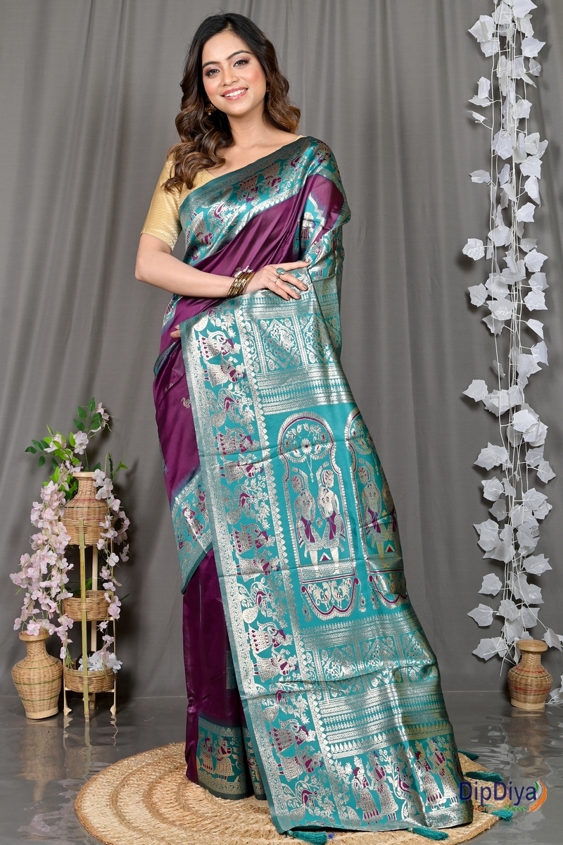 Violet Green Cotton Silk Parza Baluchari Saree (586)