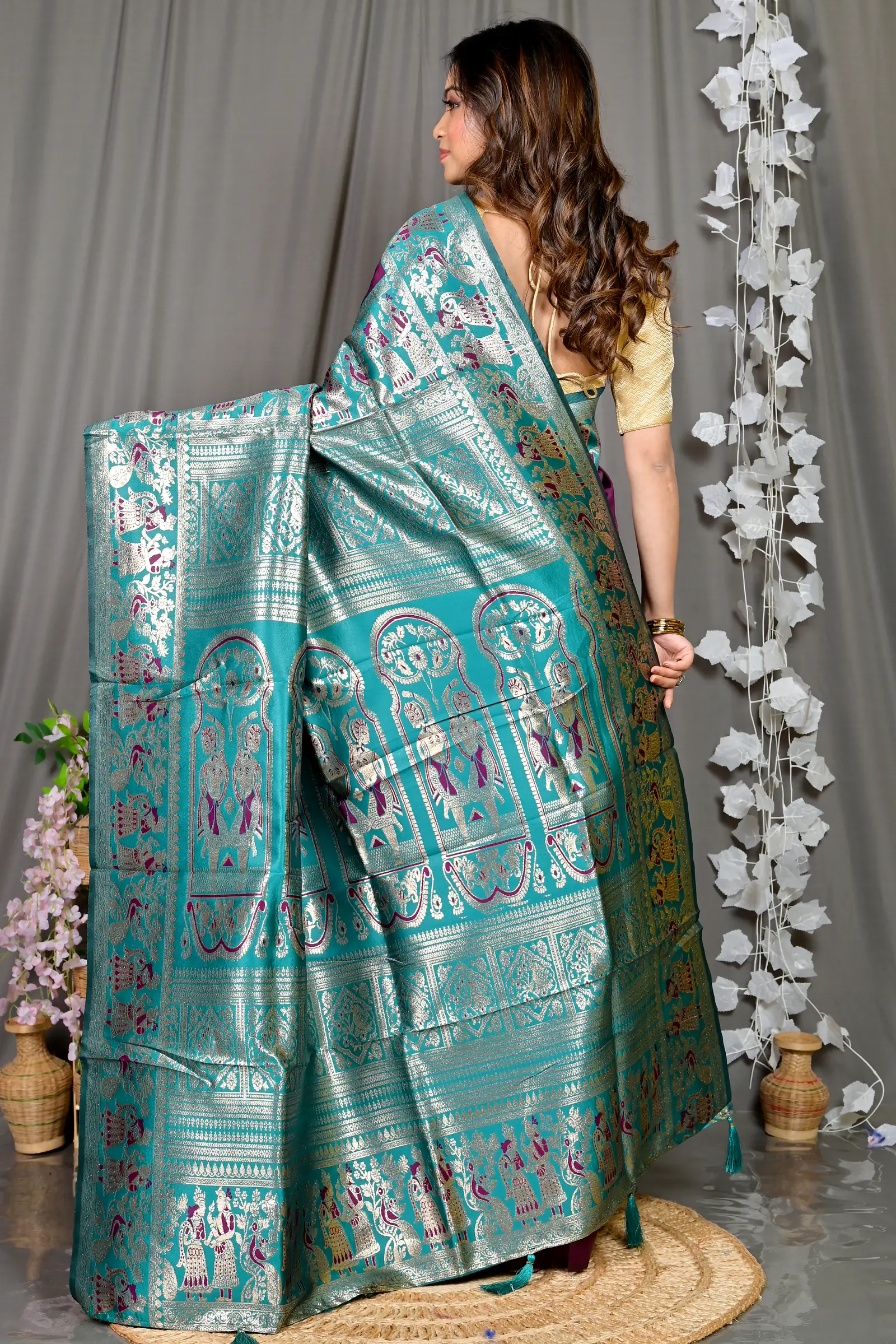 Violet Green Cotton Silk Parza Baluchari Saree (586)