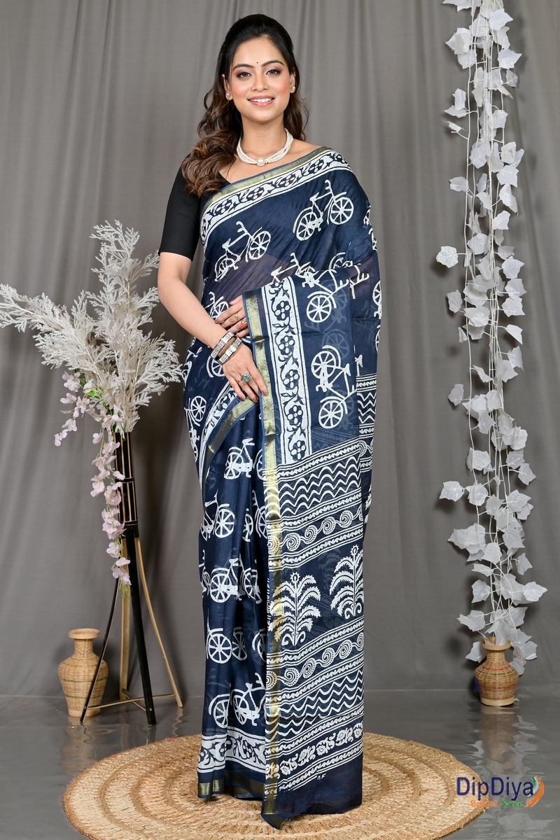 Blue White Cotton Soumava Printed Handloom Saree (587)
