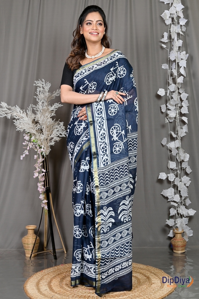 Blue White Cotton Soumava Printed Handloom Saree (587)