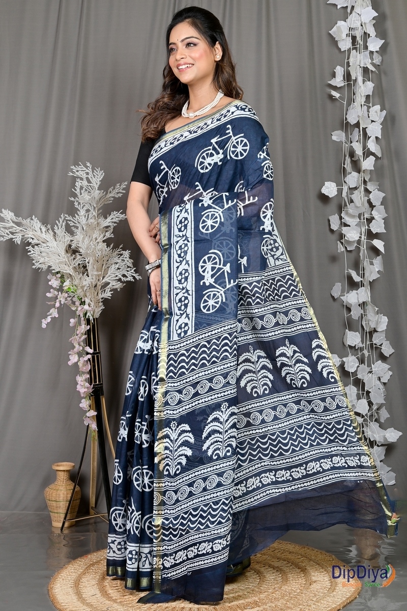 Blue White Cotton Soumava Printed Handloom Saree (587)