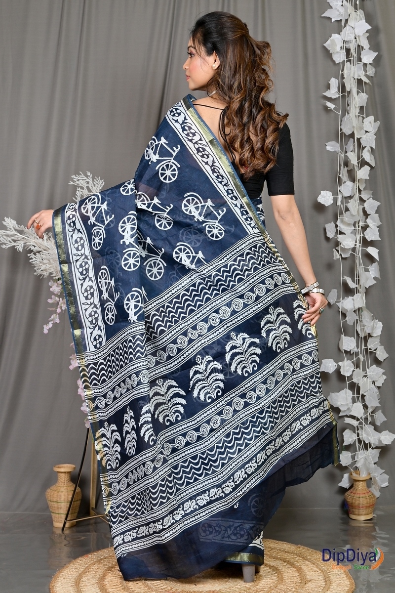 Blue White Cotton Soumava Printed Handloom Saree (587)