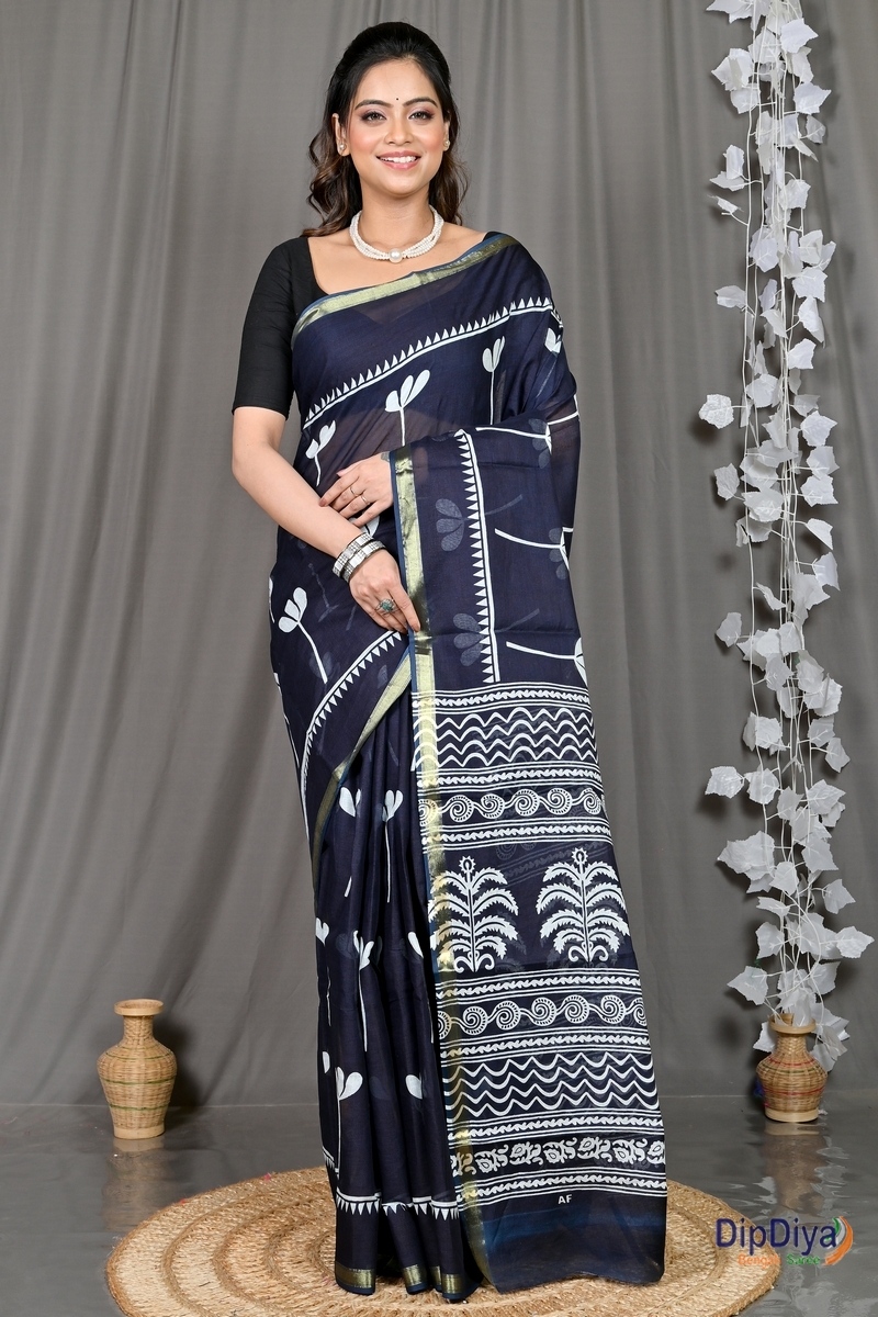 Blue Whitre Cotton Soumava Printed Handloom Saree (588)