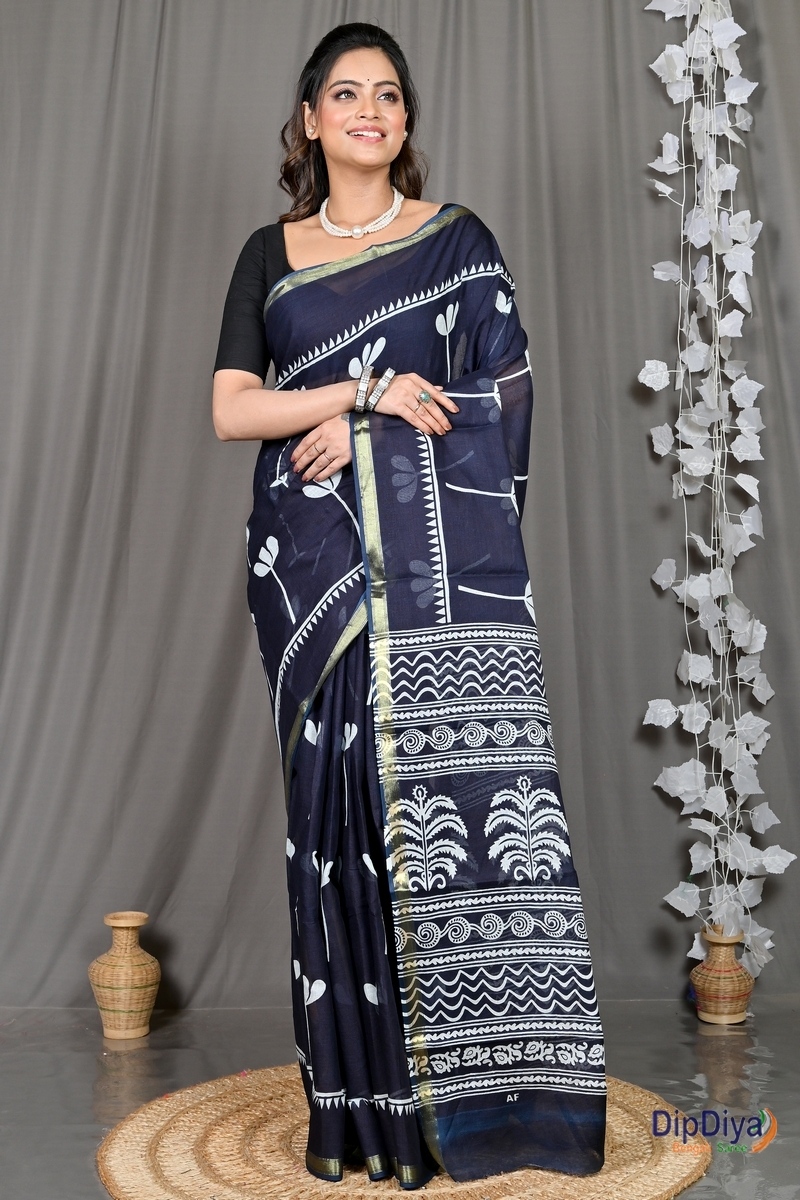 Blue Whitre Cotton Soumava Printed Handloom Saree (588)