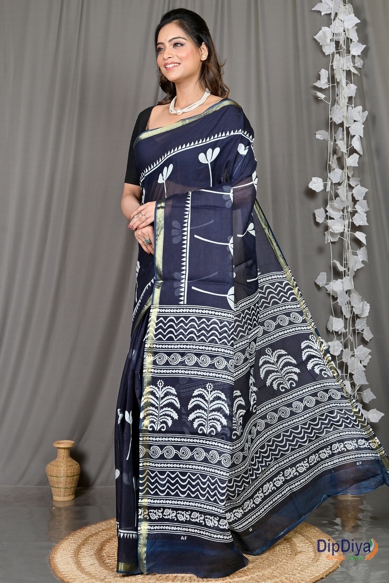 Blue Whitre Cotton Soumava Printed Handloom Saree (588)