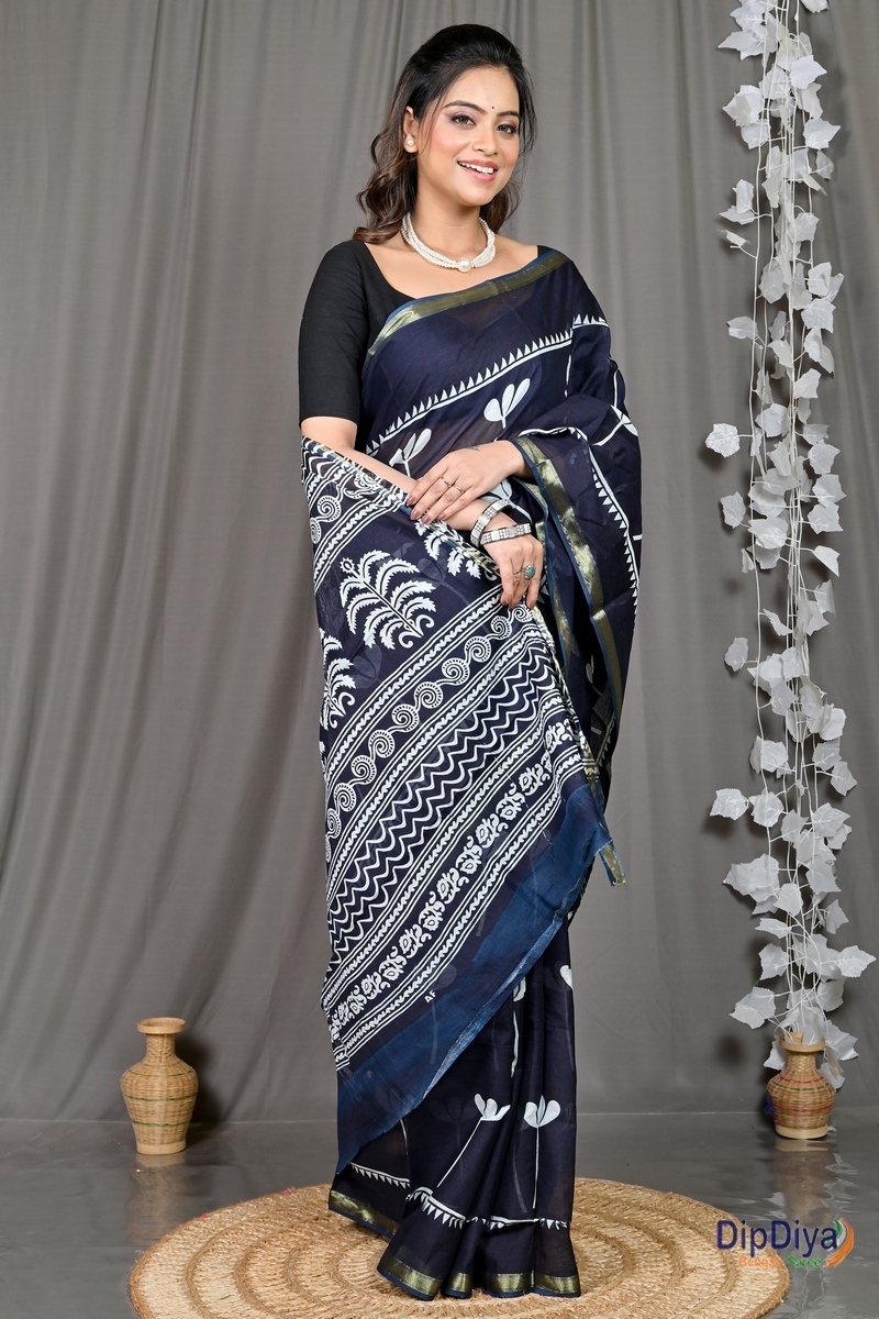 Blue Whitre Cotton Soumava Printed Handloom Saree (588)