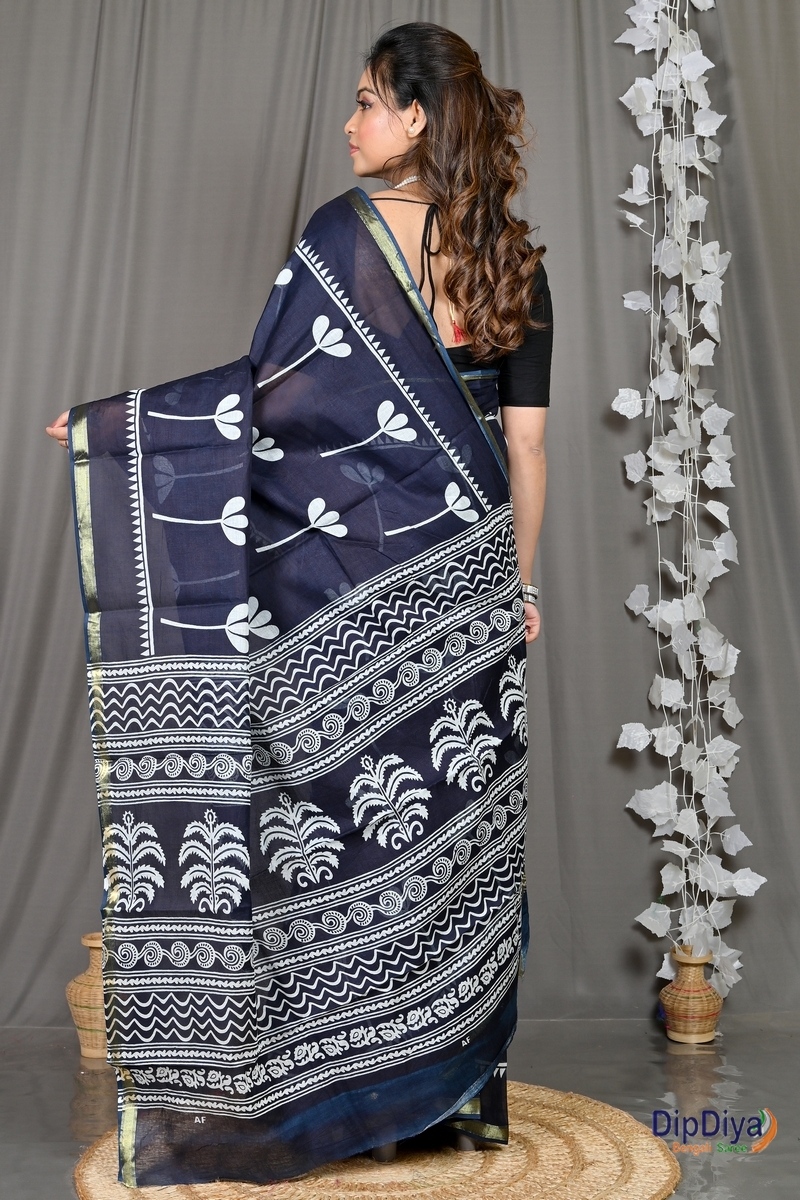 Blue Whitre Cotton Soumava Printed Handloom Saree (588)