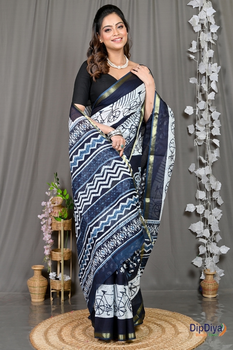 Blue White Cotton Soumava Printed Handloom Saree (589)