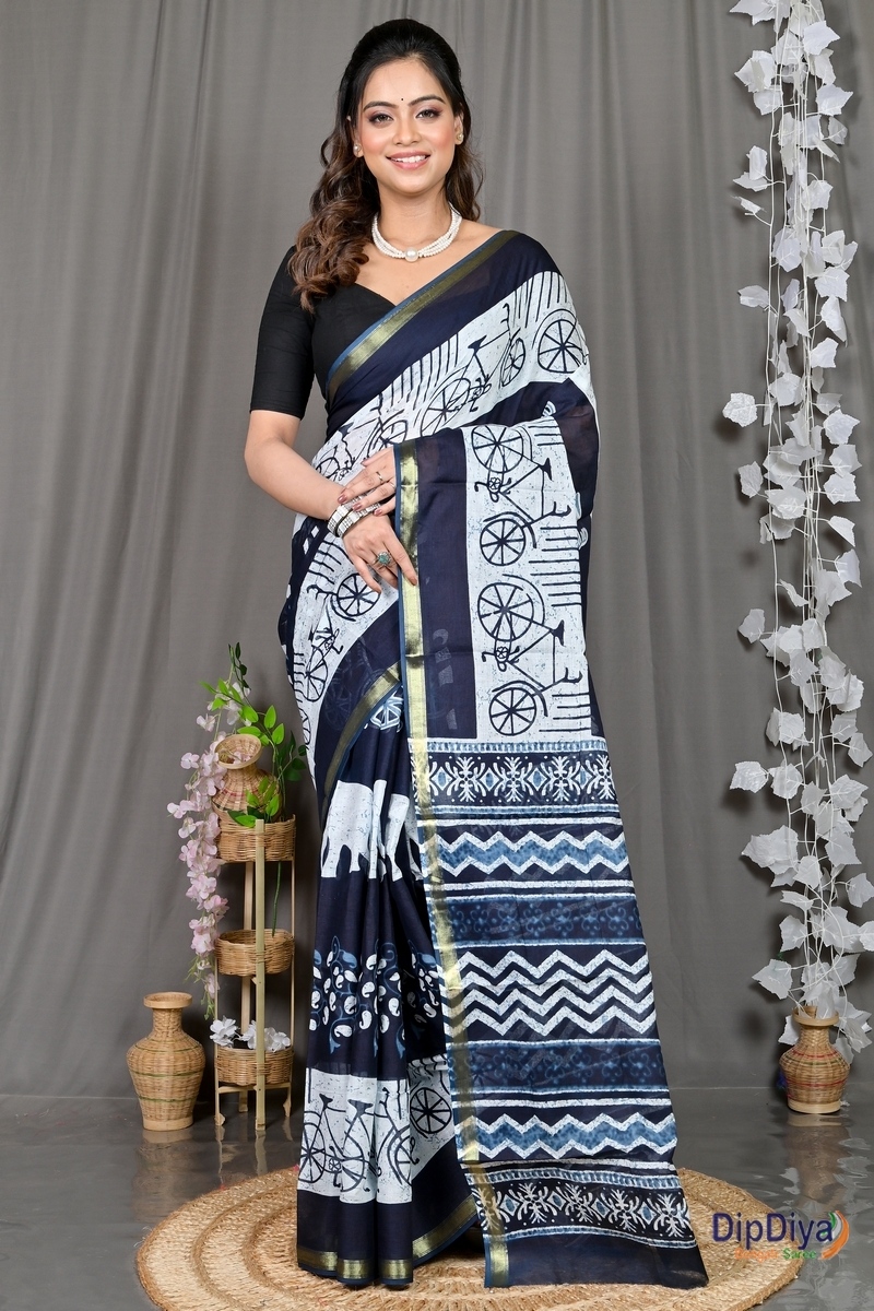 Blue White Cotton Soumava Printed Handloom Saree (589)