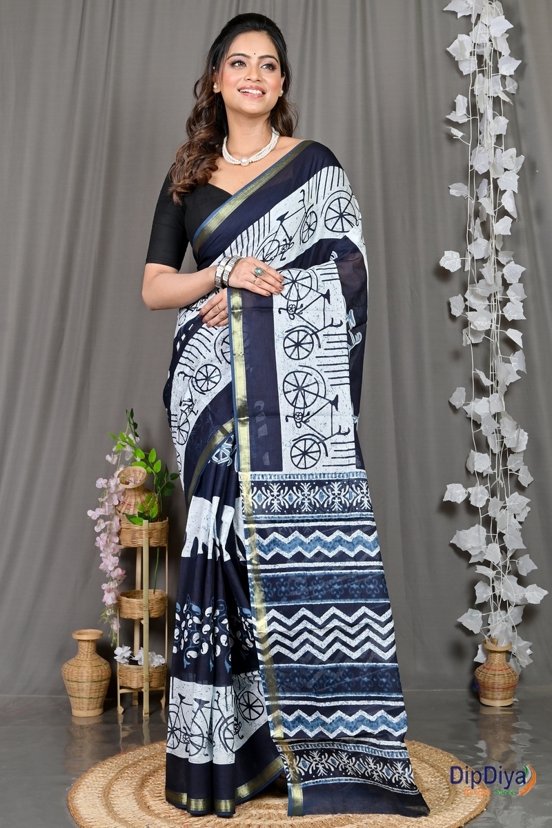 Blue White Cotton Soumava Printed Handloom Saree (589)