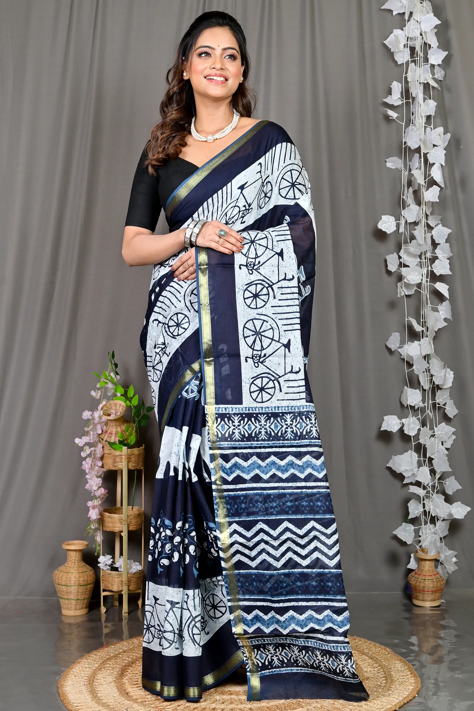Blue White Cotton Soumava Printed Handloom Saree (589)