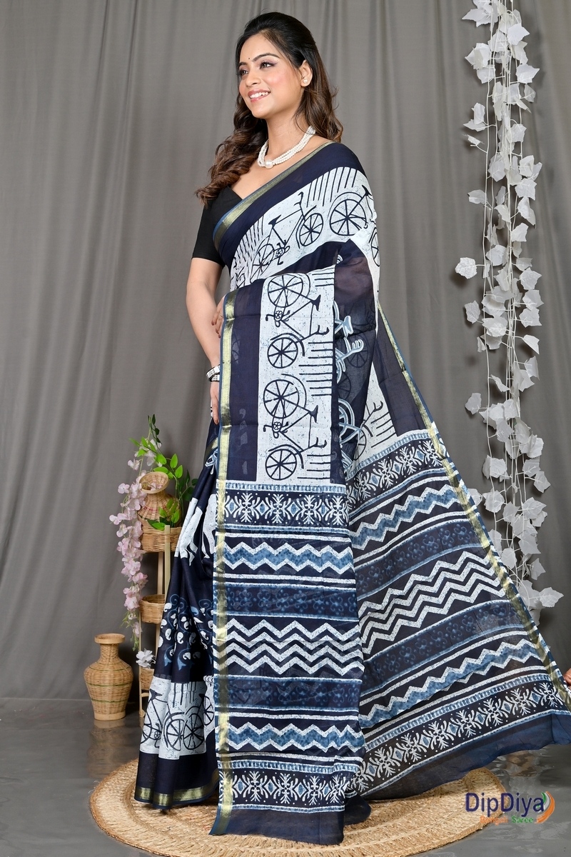 Blue White Cotton Soumava Printed Handloom Saree (589)