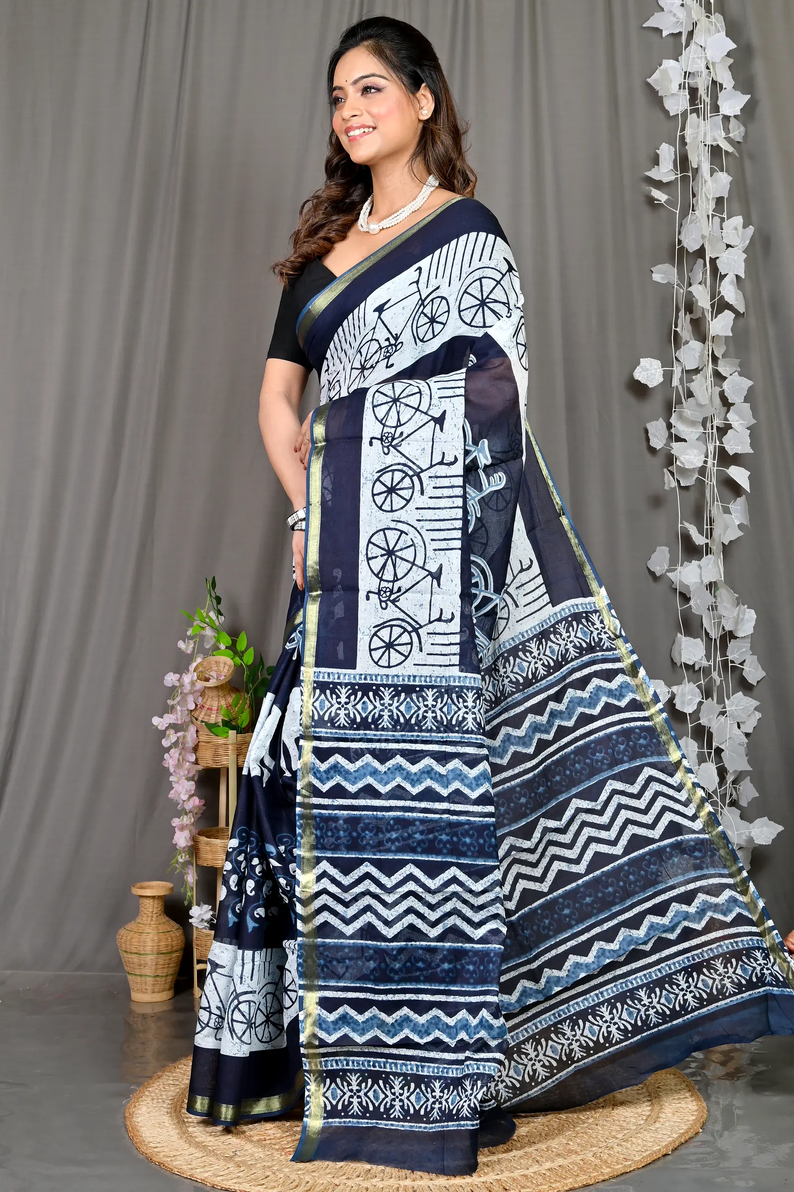 Blue White Cotton Soumava Printed Handloom Saree (589)