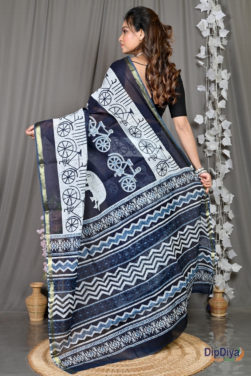 Blue White Cotton Soumava Printed Handloom Saree (589)
