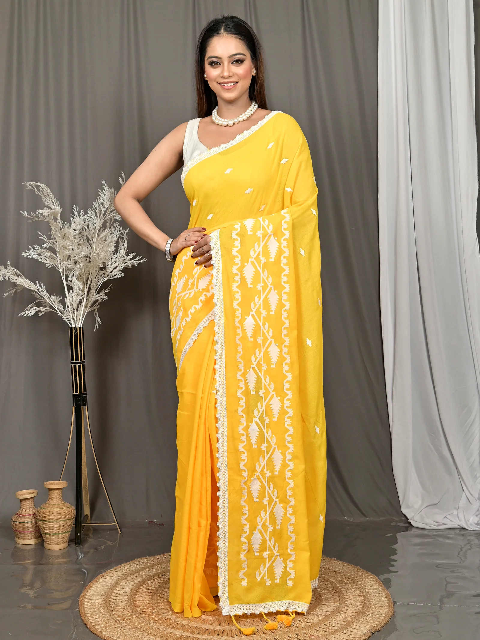 Yellow Cotton Parepu Handloom Saree  (59)