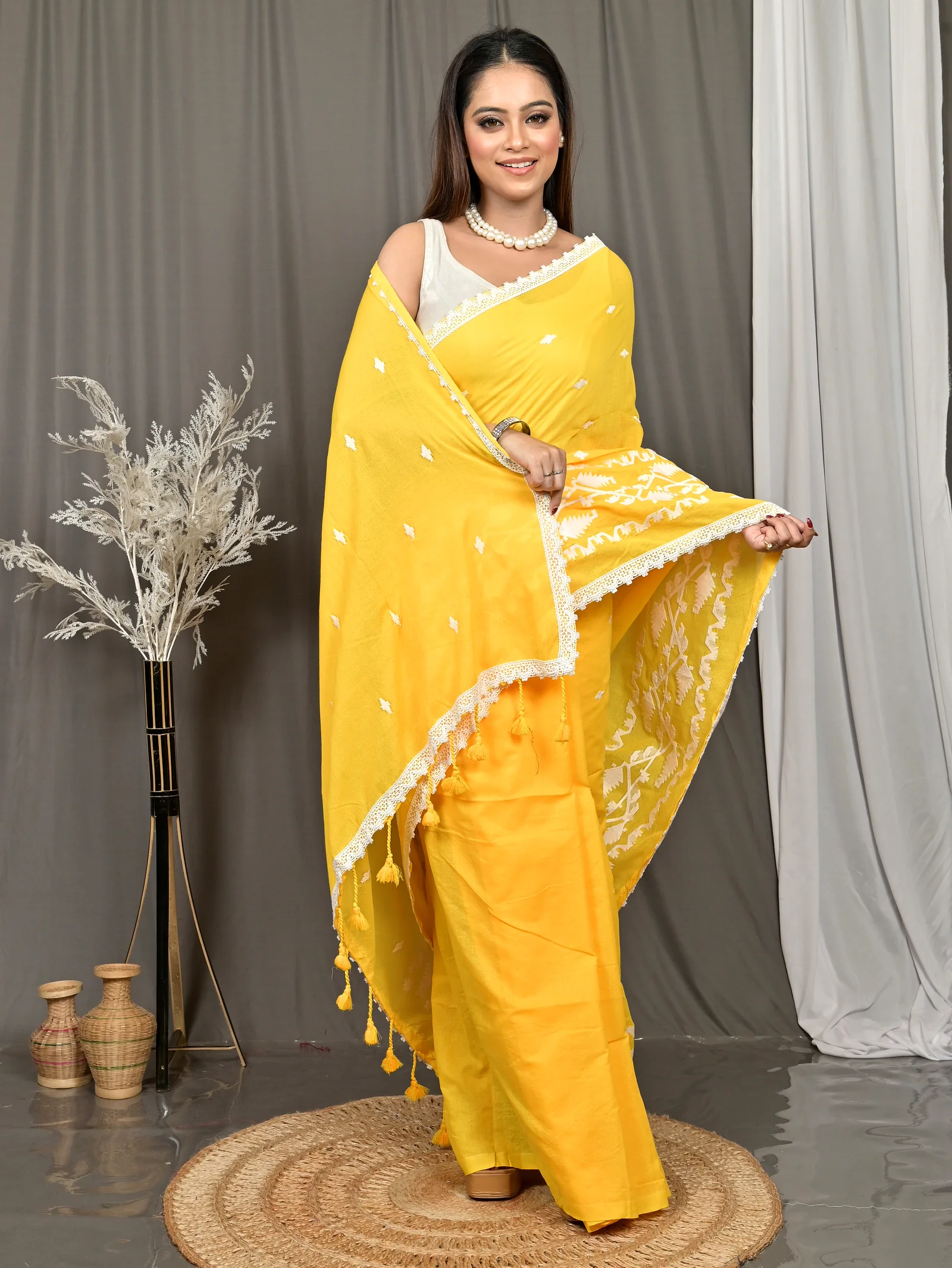Yellow Cotton Parepu Handloom Saree  (59)