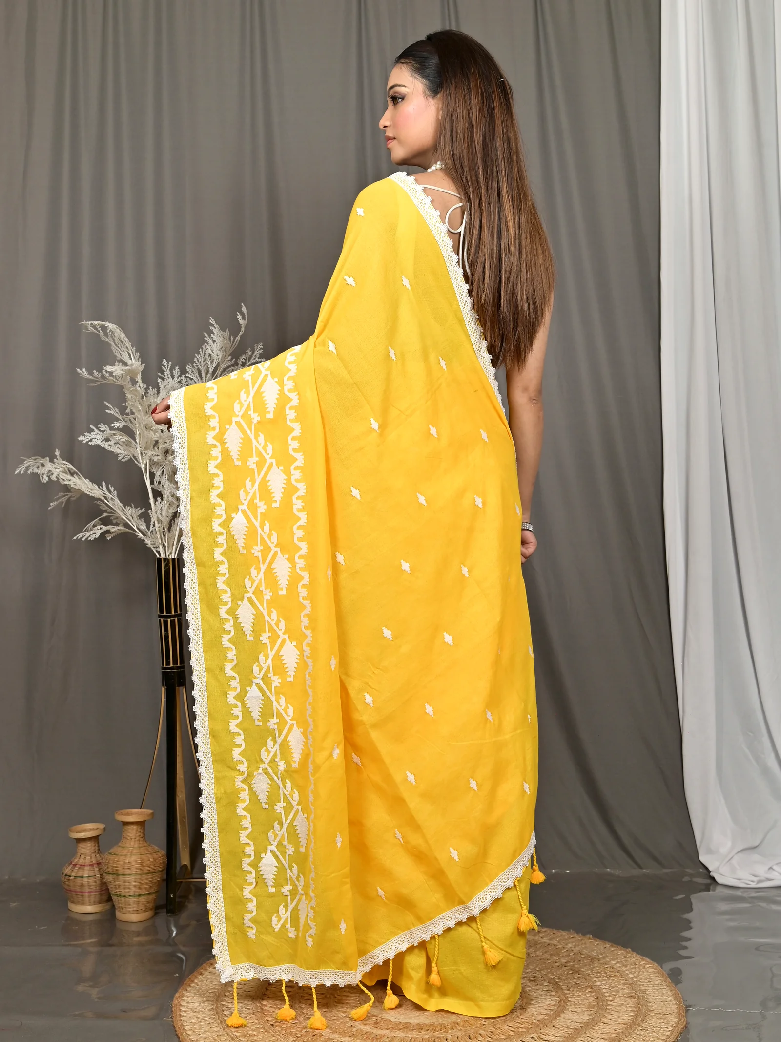Yellow Cotton Parepu Handloom Saree  (59)
