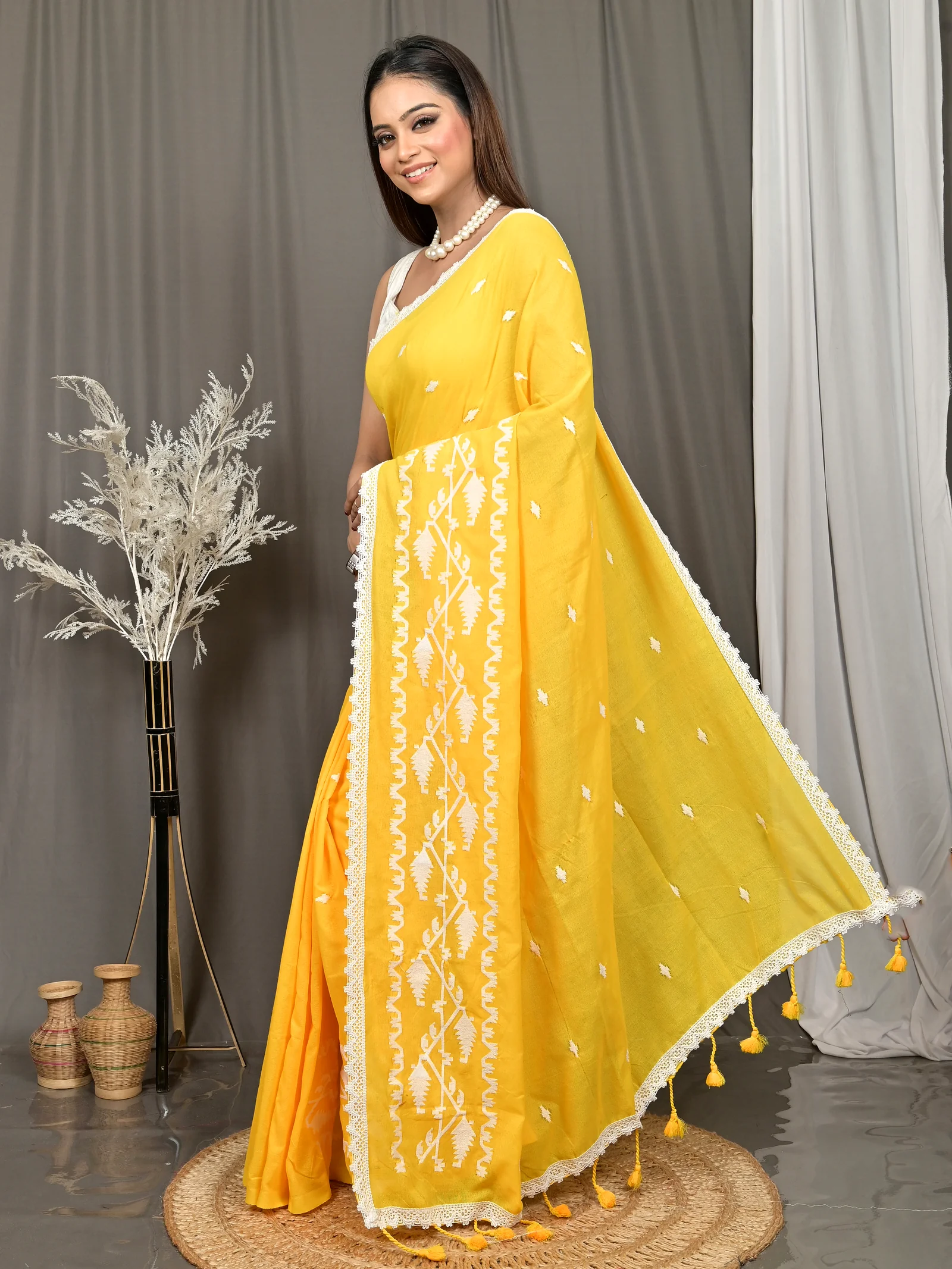 Yellow Cotton Parepu Handloom Saree  (59)