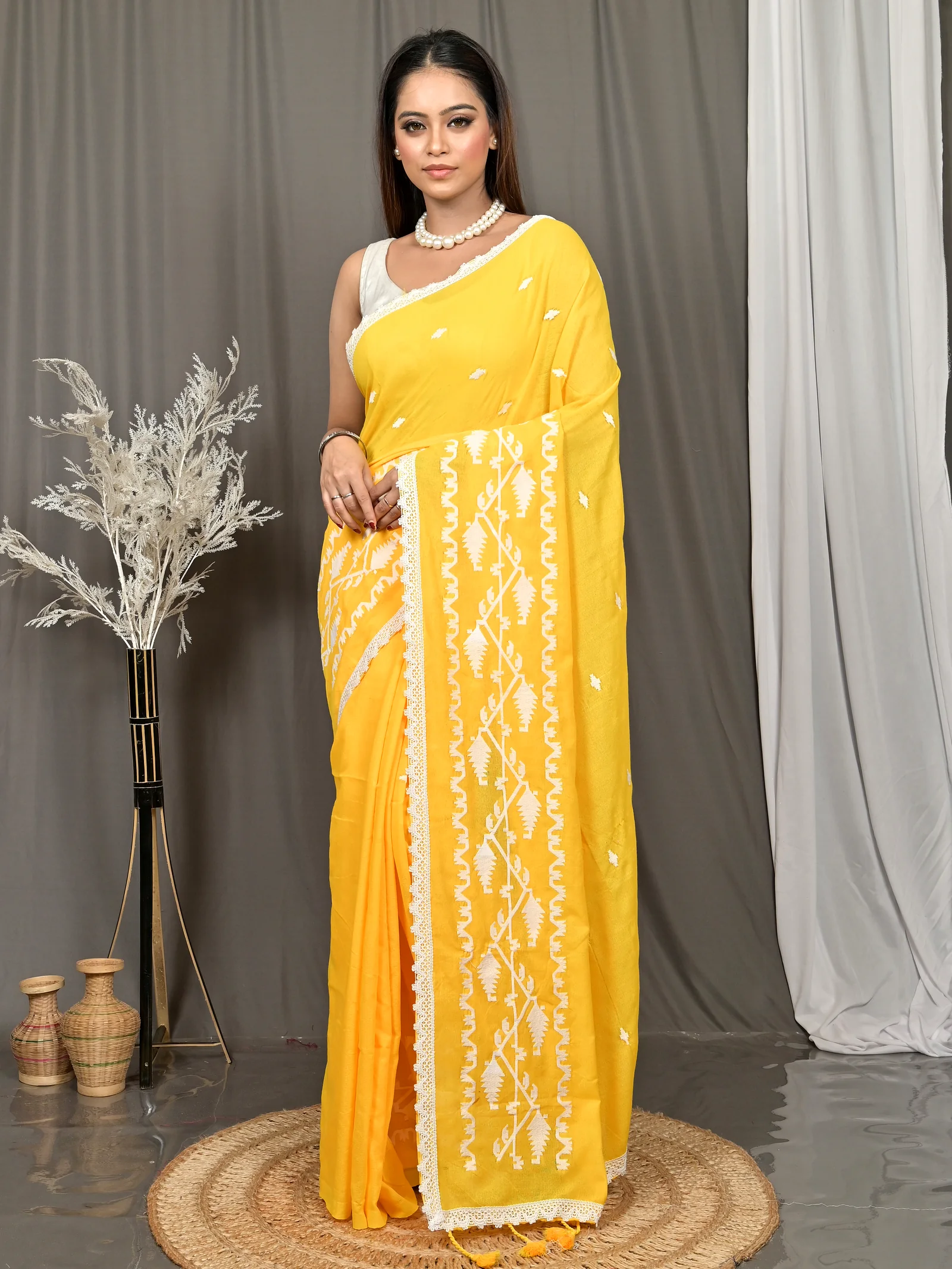 Yellow Cotton Parepu Handloom Saree  (59)