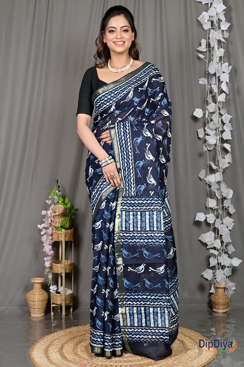 Blue White Cotton Soumava Printed Handloom Saree (590)