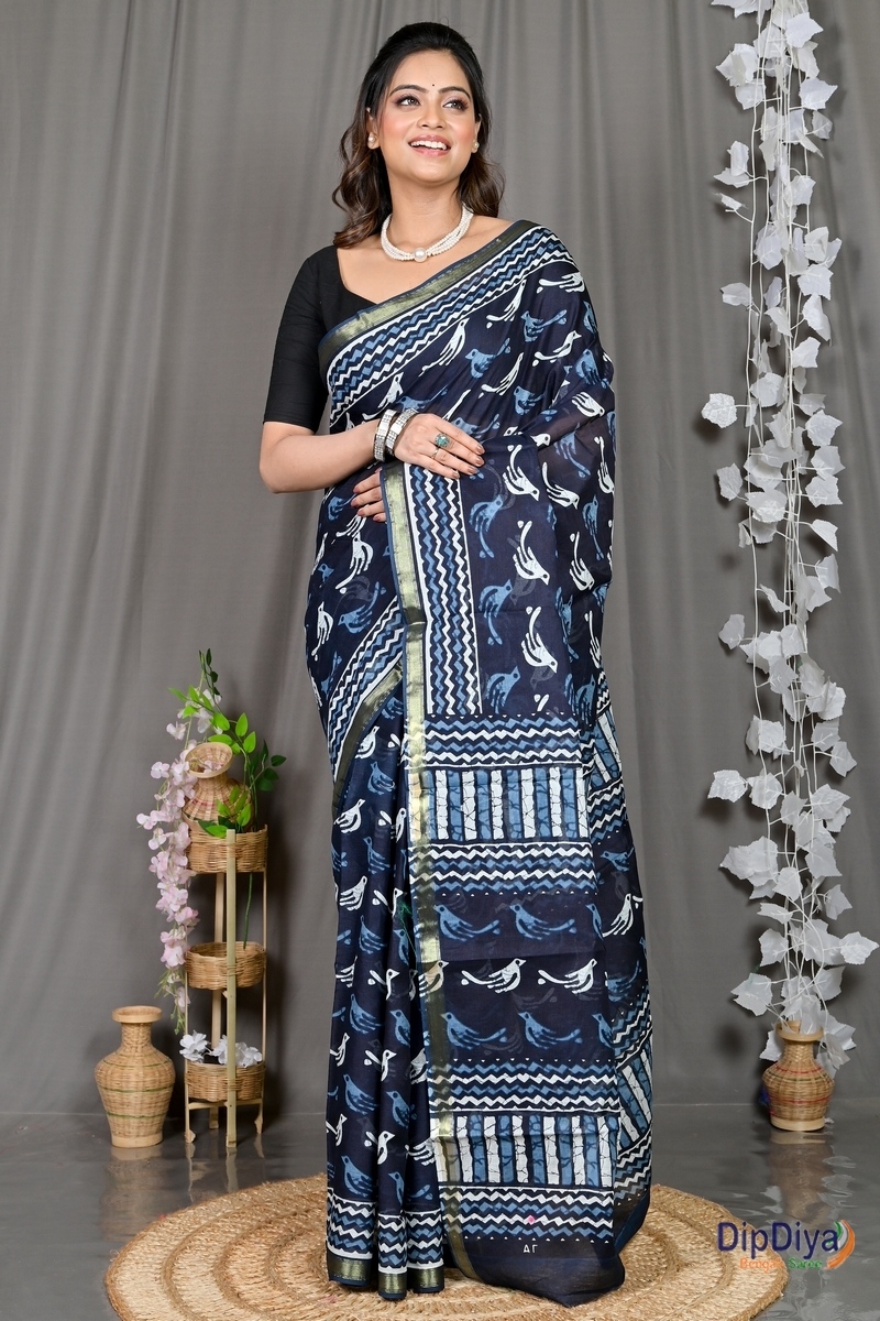 Blue White Cotton Soumava Printed Handloom Saree (590)