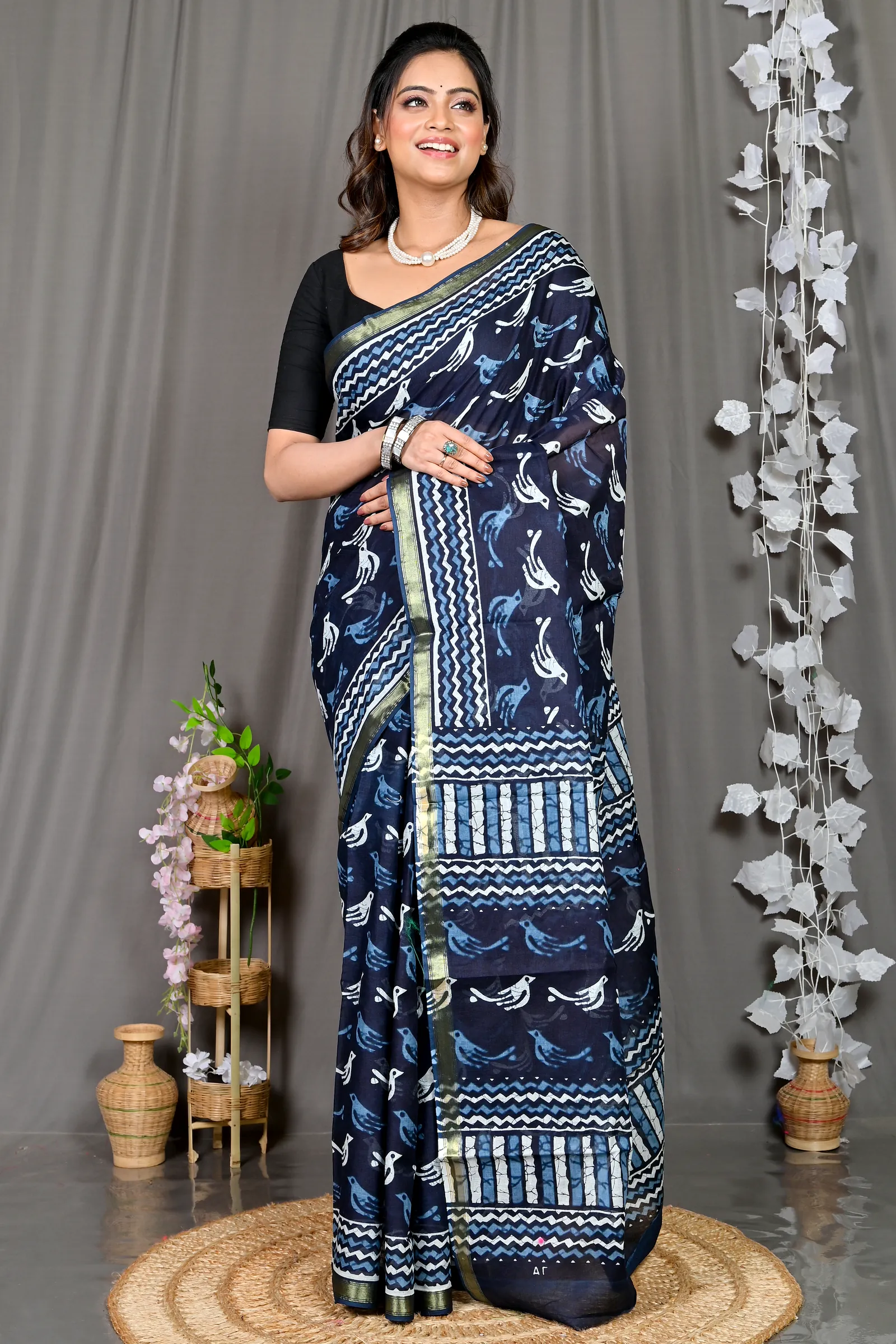 Blue White Cotton Soumava Printed Handloom Saree (590)