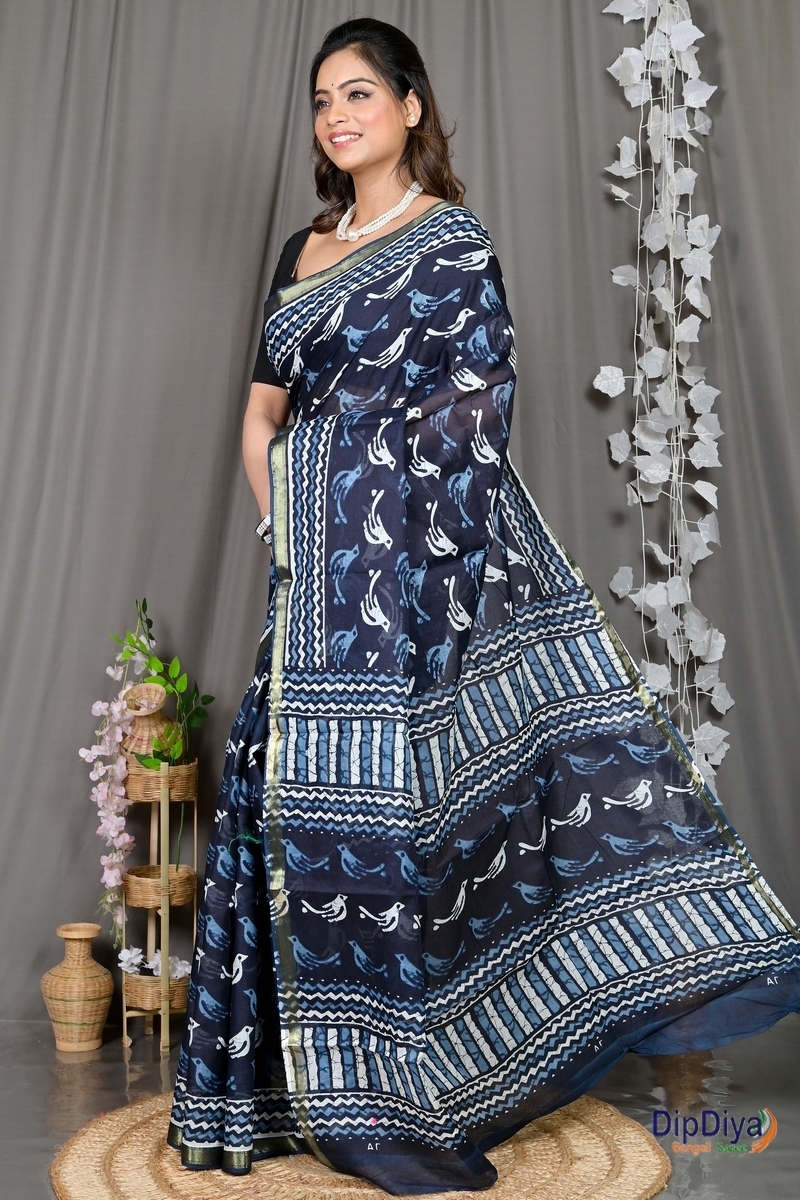 Blue White Cotton Soumava Printed Handloom Saree (590)