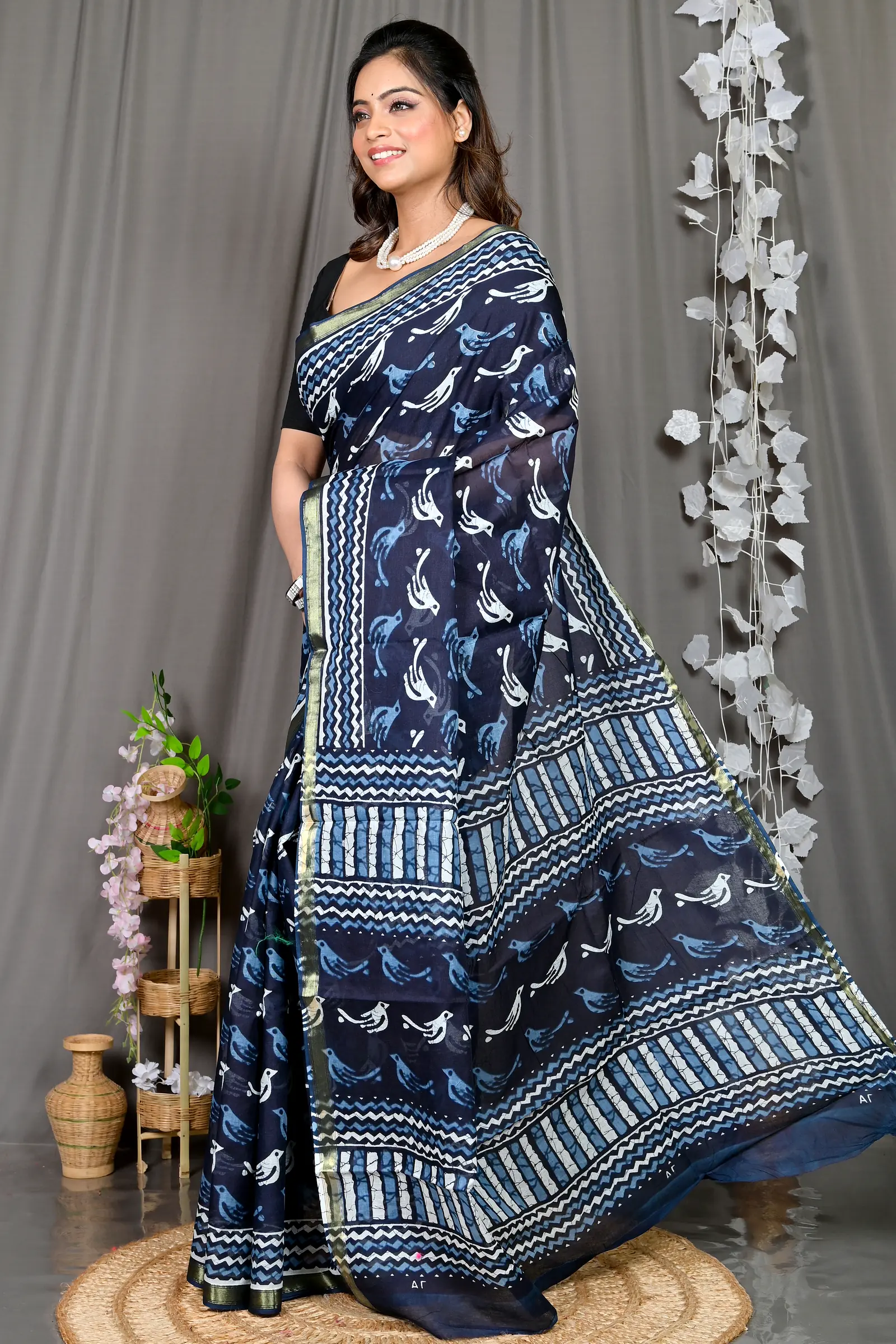 Blue White Cotton Soumava Printed Handloom Saree (590)