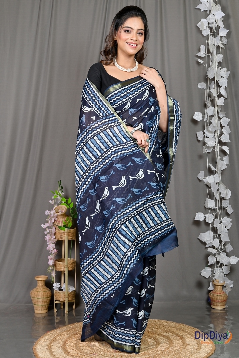 Blue White Cotton Soumava Printed Handloom Saree (590)