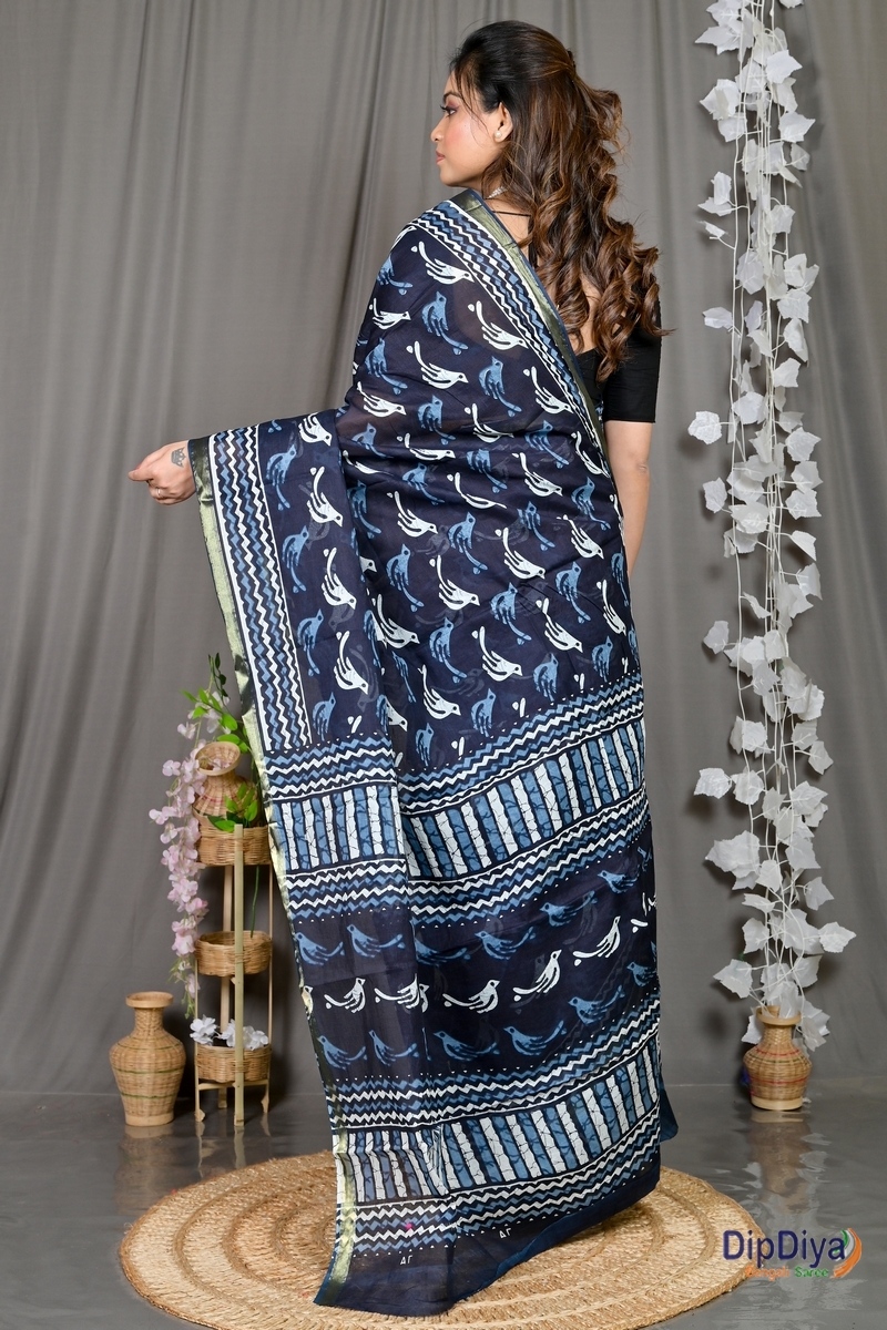 Blue White Cotton Soumava Printed Handloom Saree (590)