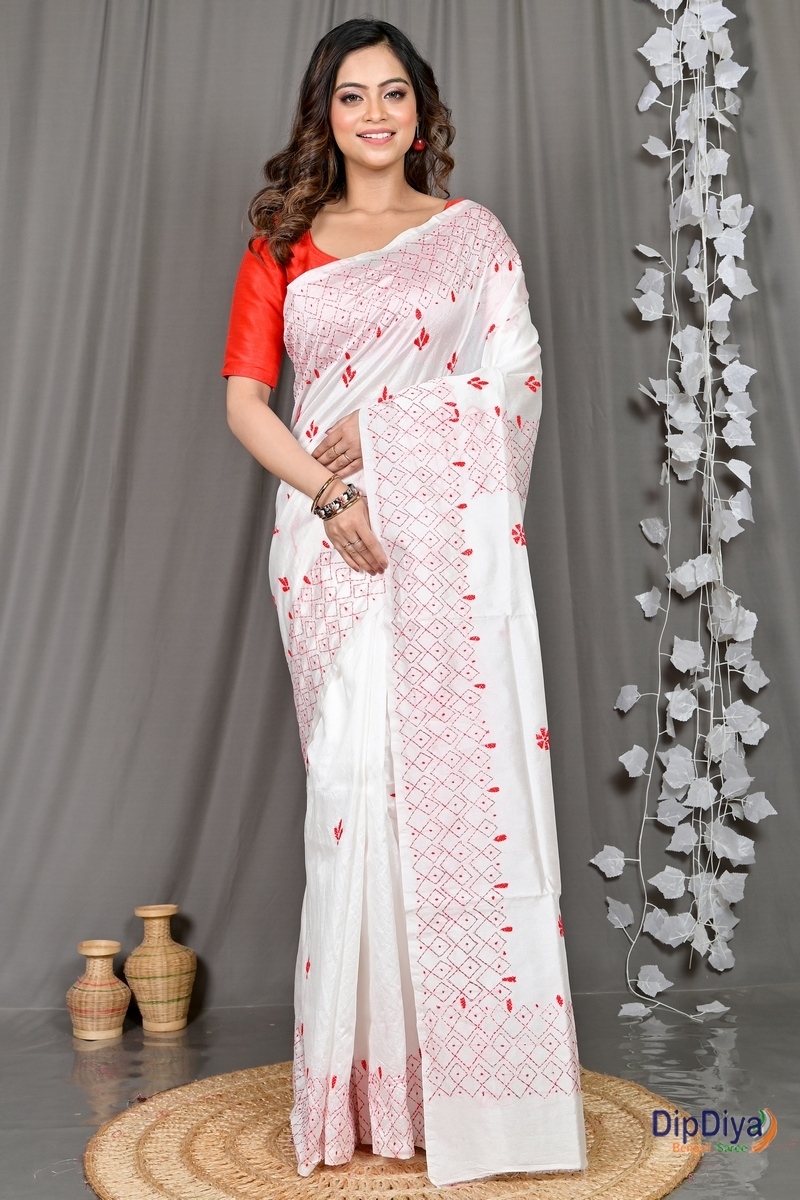White Cotton Blended Soumika Kantha Stitch Saree (591)