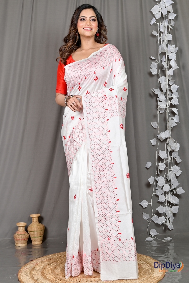 White Cotton Blended Soumika Kantha Stitch Saree (591)
