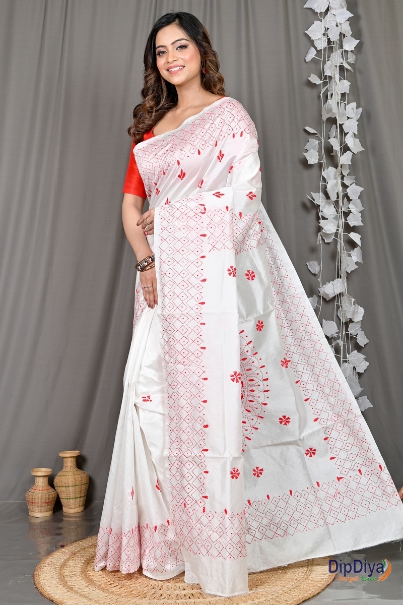 White Cotton Blended Soumika Kantha Stitch Saree (591)