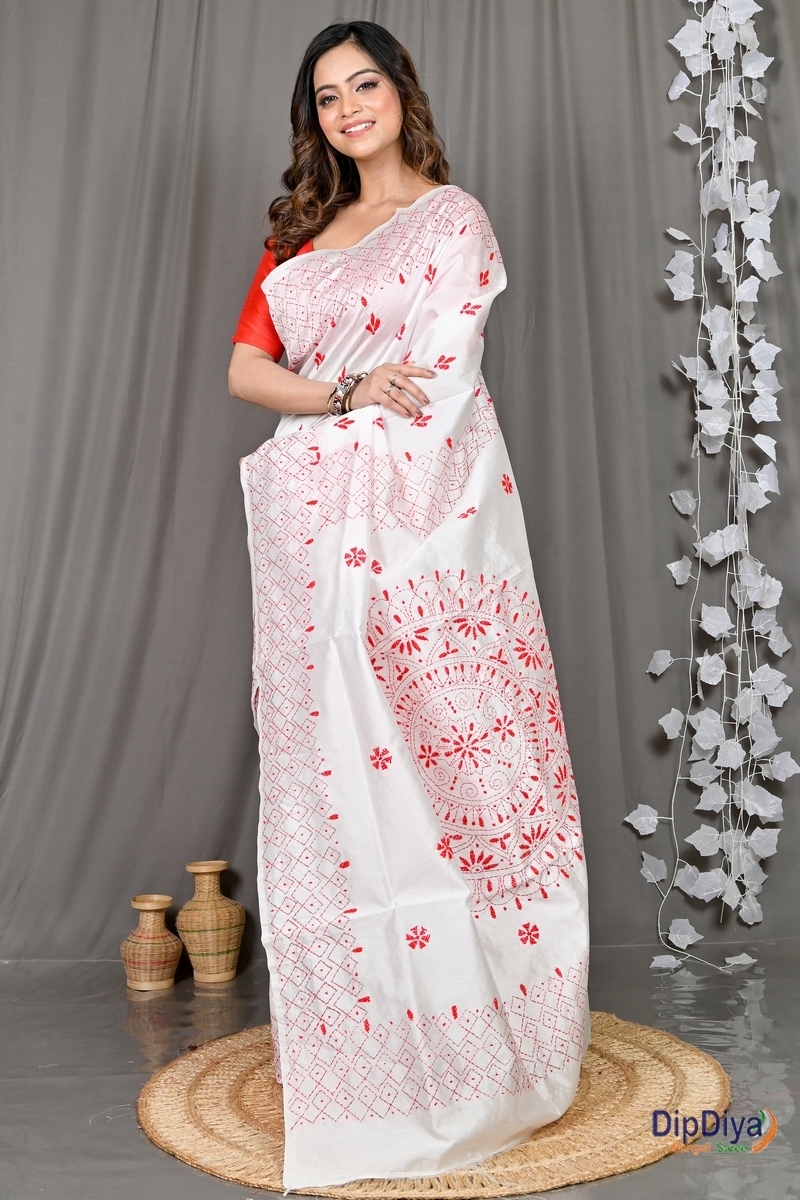 White Cotton Blended Soumika Kantha Stitch Saree (591)