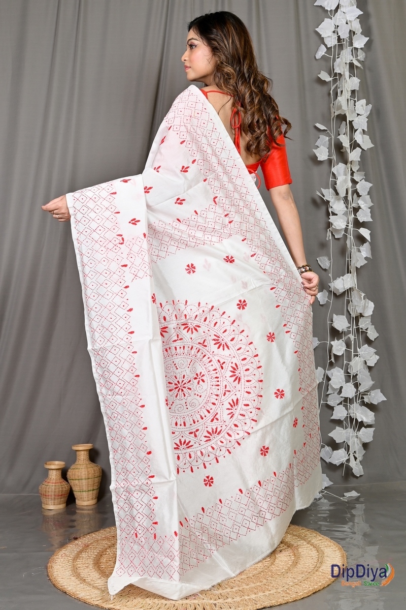 White Cotton Blended Soumika Kantha Stitch Saree (591)
