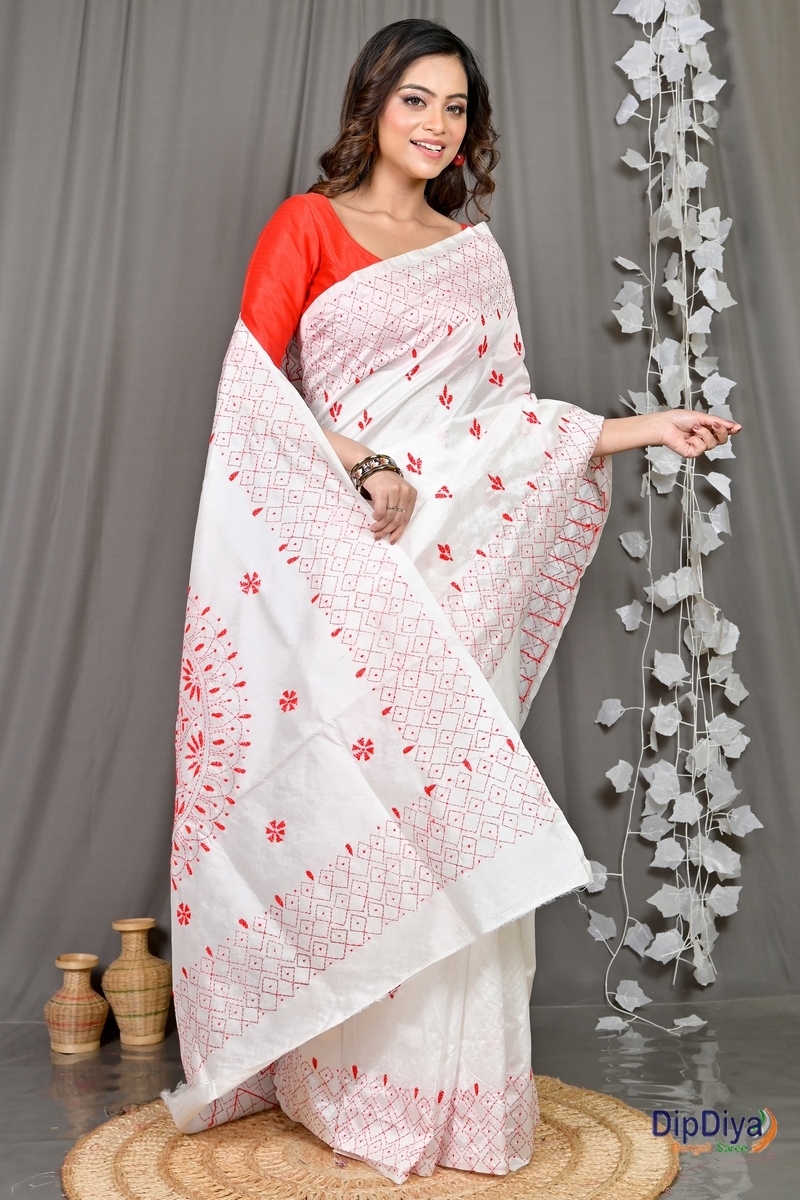 White Cotton Blended Soumika Kantha Stitch Saree (591)