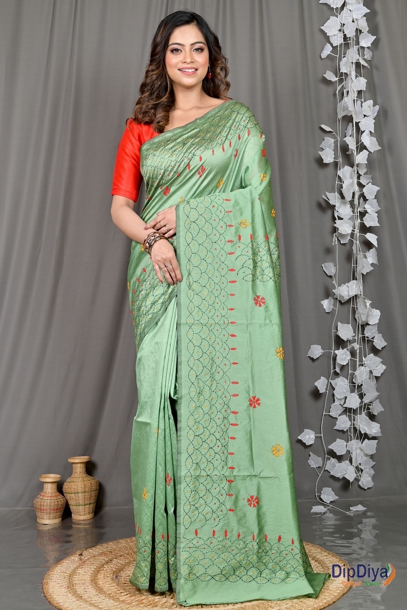Emerald Green Cotton Blended Soumika Kantha Stitch Saree (592)