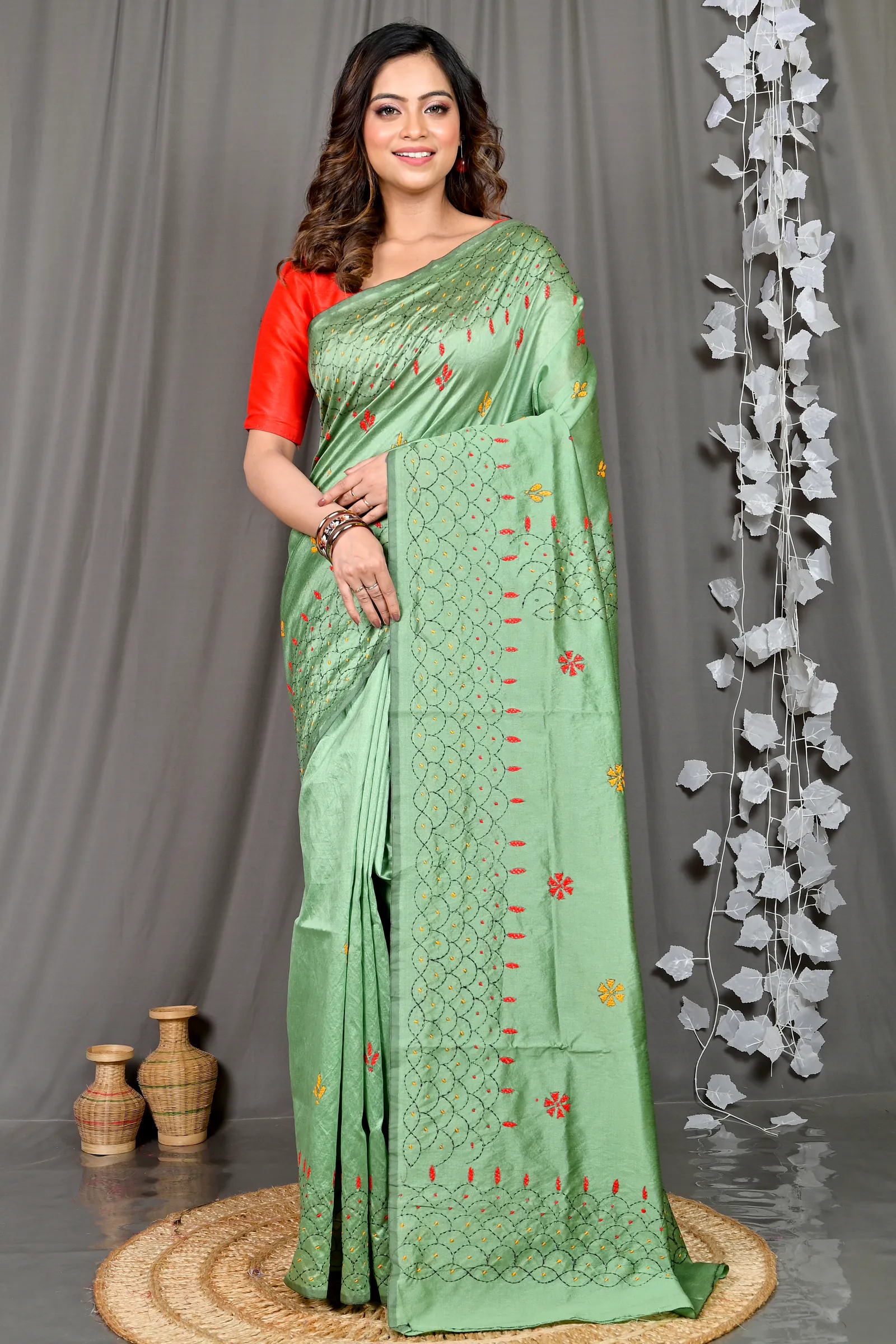 Emerald Green Cotton Blended Soumika Kantha Stitch Saree (592)