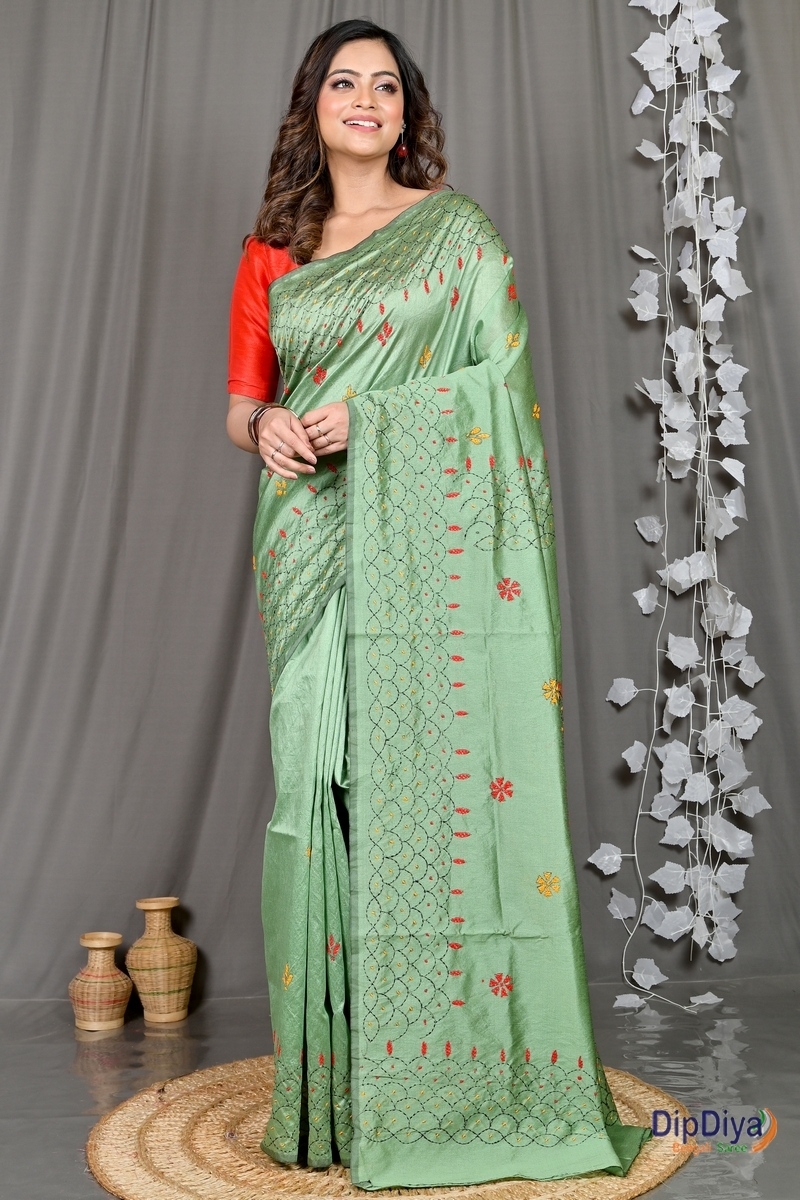 Emerald Green Cotton Blended Soumika Kantha Stitch Saree (592)
