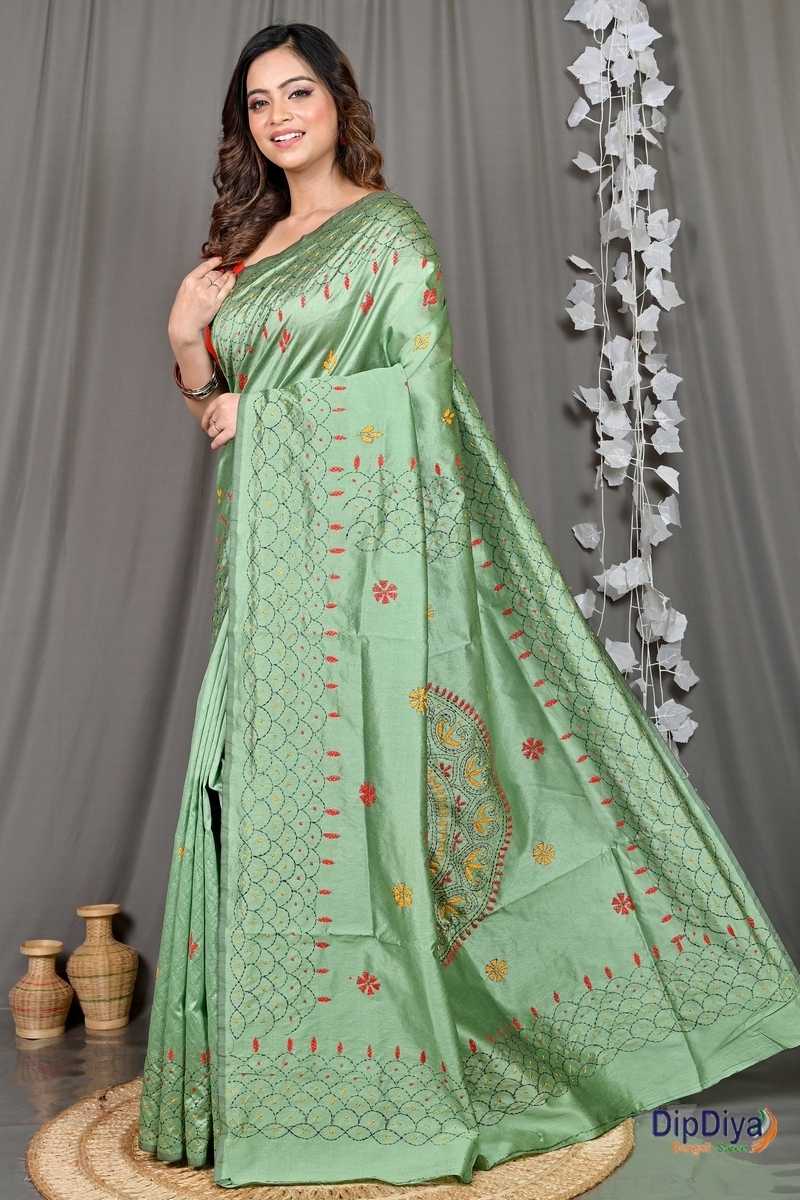 Emerald Green Cotton Blended Soumika Kantha Stitch Saree (592)